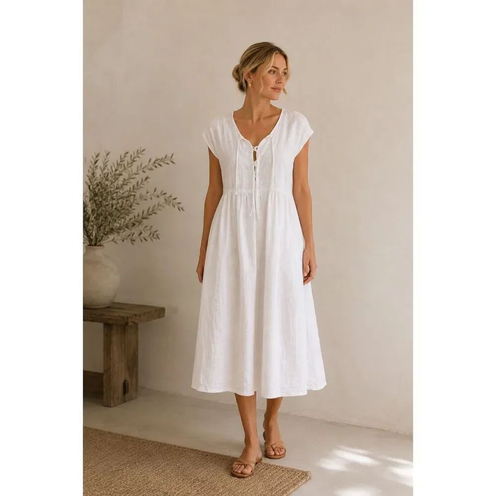 Mirth White Tie-Front Midi Dress | Coastal Resort Boho Tuckernuck Cottagecore, d